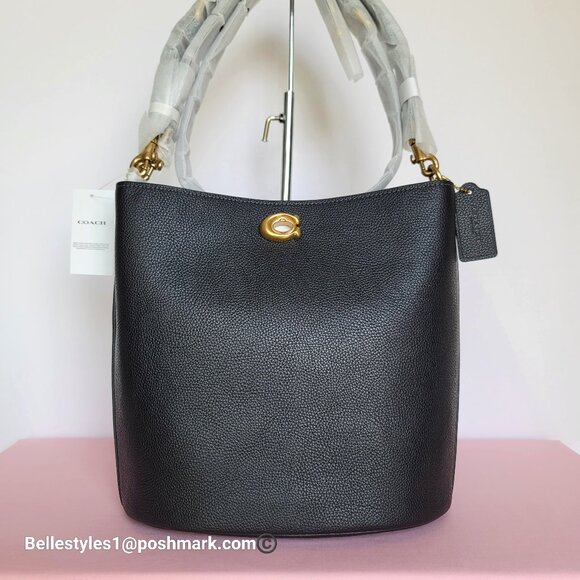 COACH Willow Polished Pebbled Leather Bucket Shoulder Bag- Black ⭐ - Picture 1 of 16